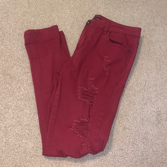 Silver Crush Denim - Burgundy Skinny Jeans